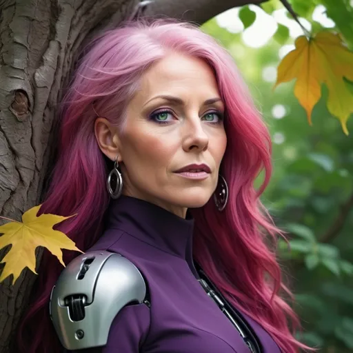 Prompt: (pink-haired middle aged woman 40, long pink hair, green eyes, half robotic face, dark purple suit, bionic arm, silver earrings, under a large tree with buttress roots, wind blowing, hair caught in the wind, leaves falling, **vibrant colors** palette with deep shades of dark purple and luminous yellows, **atmospheric and serene mood**, detailed background with dense foliages and intricate tree roots, ultra-detailed, 4K, cinematic masterpiece.