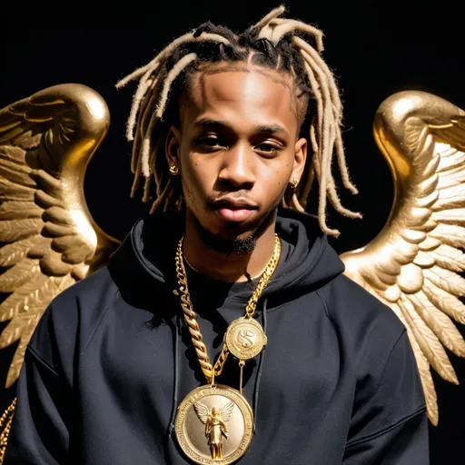 Prompt: A young black rapper wearing a hoodie with dreadlocks, a small beard, a large gold chain with a big medallion.  Angelic with wings. Holding a golden mic.