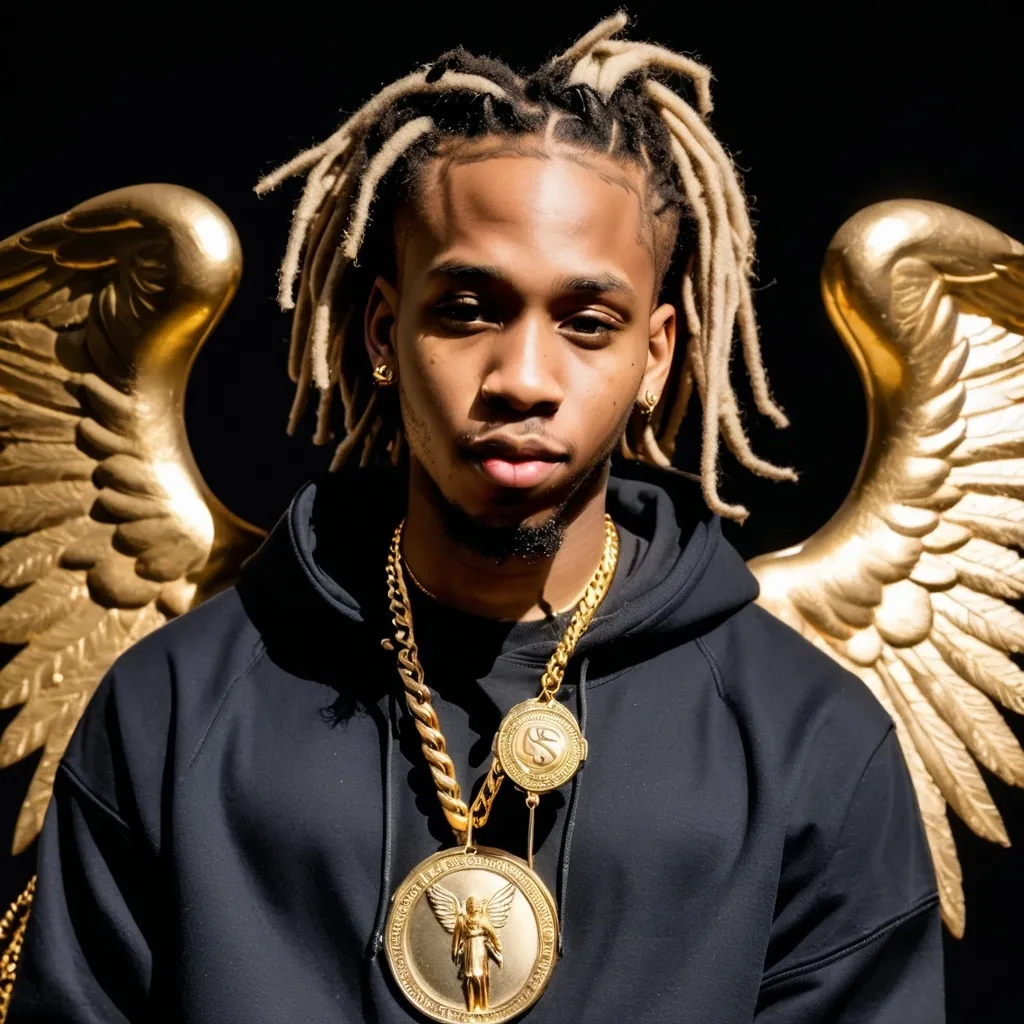 Prompt: A young black rapper wearing a hoodie with dreadlocks, a small beard, a large gold chain with a big medallion.  Angelic with wings. Holding a golden mic.