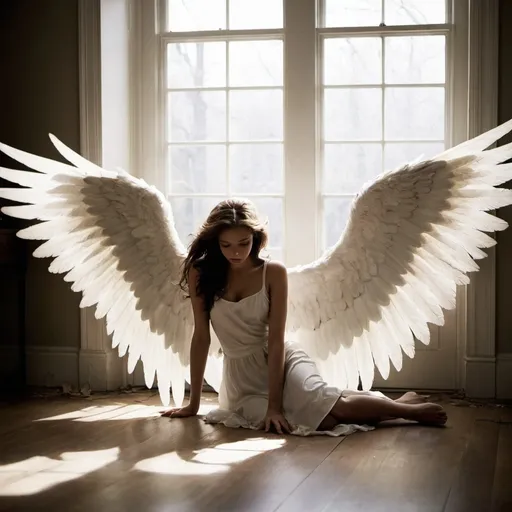 Prompt: I would love to have a picture of a fallen angel with big wings lying on the floor in a living room of a house