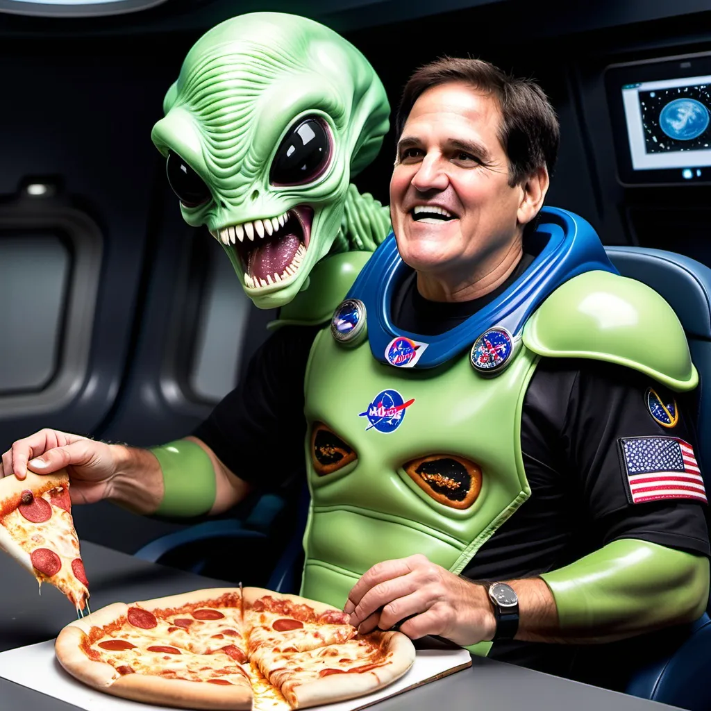 Prompt: mark cuban in a alien costume in space eating pizza