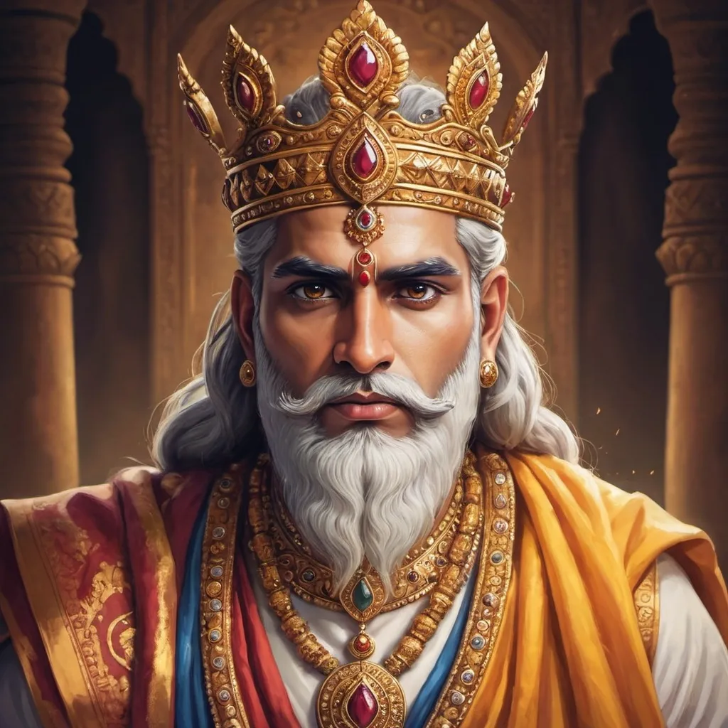 Prompt: create a picture of a great noble king Janak with a godly look
