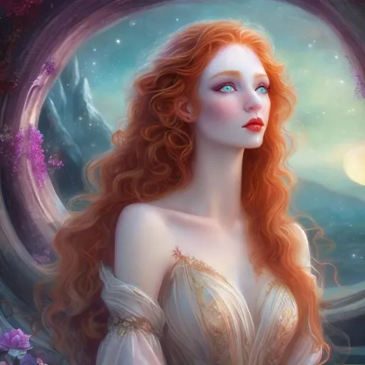 Prompt: Elvish woman, ginger red hair with loose curls, enchanting eyes, stunningly beautiful like a nymph, has pale skin with a purple hue, luminous blue eyes, wearing a colourful evening gown, realism, chromatic clothes, night sky background, thin pale lips