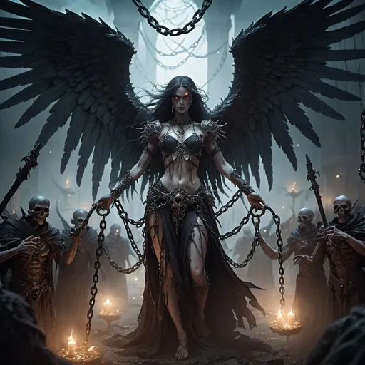 Prompt: A Necromancer angel that guides his undead horde with chains in the style of Dungeons and Dragons 
