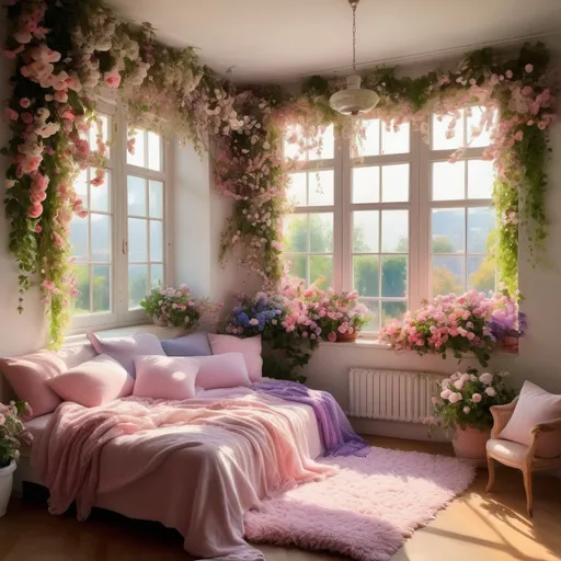 Prompt: A room filled with flowers, various shades of (soft and colorful which is pink blue purple green white), blossoms surrounding every corner, (lush and abundant), warm sunlight filtering through the windows, creating a dreamy atmosphere, delicate petals cascading, fragrant essence filling the air, cozy ambiance, inviting tranquility, ultra-detailed, vibrant colors, enchanting interior design. no potted plant. elegant window flame