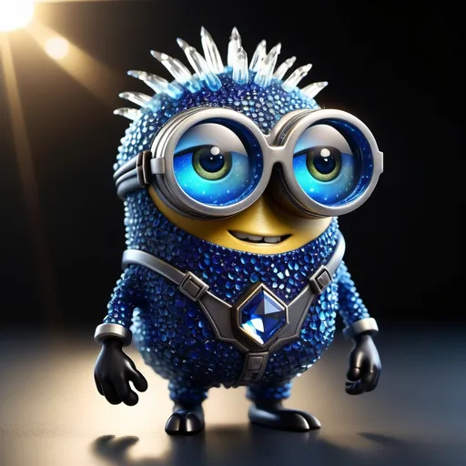 Prompt: 

	A small, minion shaped creature with a sleek tuft of hair on top, entirely encrusted in shimmering sapphire-like crystals. It wears large, round goggles with faceted gem lenses and has a stylish diamond emblem on its chest. The environment is filled with glowing crystal formations reflecting brilliant light. The style is highly detailed, luxurious, and cinematic, with intense sparkle and shine
