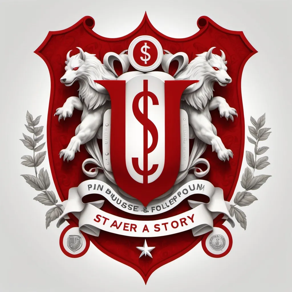 Prompt: modern coat of arms with modern imagery of dollar signs using the color red and having the motto "in every purchase a story"