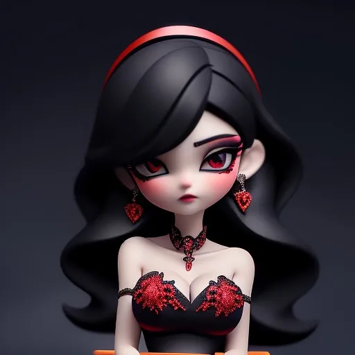 Prompt: <mymodel>,  <mymodel>, <mymodel>, black night prom dress , large chest, intricate details, detailed face, red make up, red headband, 