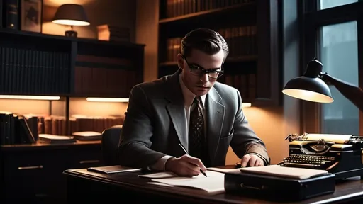 Prompt: The basics of coding for business owners, photorealistic film noir style, cool color scheme, dimly lit office, business owners consulting coding books, old-fashioned computers and typewriters, stern expressions, vintage aesthetic, moody atmosphere, high contrast lighting, shadows and silhouettes, smoky air, background focused on office setting with desks and bookshelves, ultra-detailed, 4K, cinematic masterpiece.