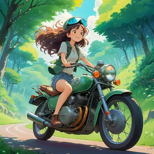 Prompt: 2d studio ghibli anime style, girl on motorcycle, anime scene