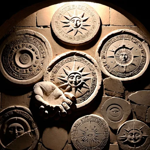 Prompt: On the wall of the caveau, three ancient stone discs are embedded, each engraved with different celestial symbols: the sun, the moon, and a star. The protagonist is shown turning the discs carefully, his face etched with concentration and fear. The symbols seem to glow faintly as they align, hinting at something hidden beneath the surface.