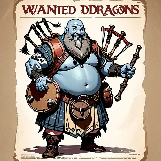 Prompt: dungeons and dragons, wanted poster on light brown paper of a goliath male bard, blueish grey skin, bald with a beard, with a hand drum at his waist and bagpipes on his back, wearing a kilt, dark tribal tattoo on his chest and face, light hearted, laughing, fat, wanted poster,