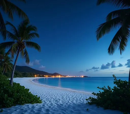 Prompt: Skybox A serene and peaceful night scene on a white sandy beach with turquoise water. The sky is filled with stars, and the calm ocean reflects the soft light. Lush beach foliage like palm trees and shrubs surround the area. In the distant horizon, the warm lights of a port are visible, adding a subtle glow to the scenery