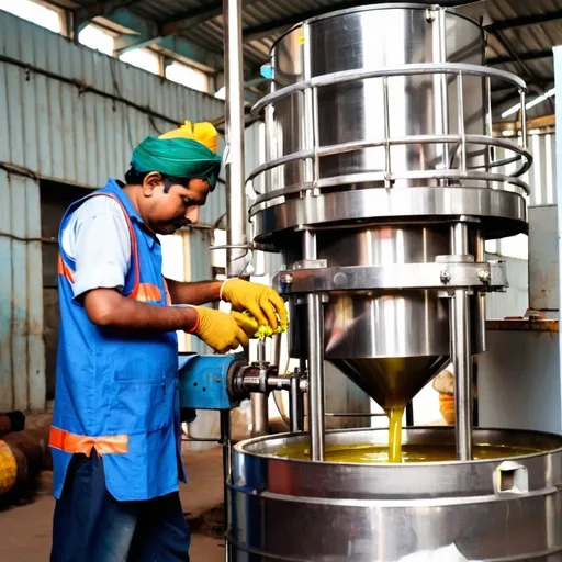 Prompt: In an indian refined oil factory, workers are engaged in various tasks, such as filling drums of mustard oil, sunflower oil using filling machine for export container