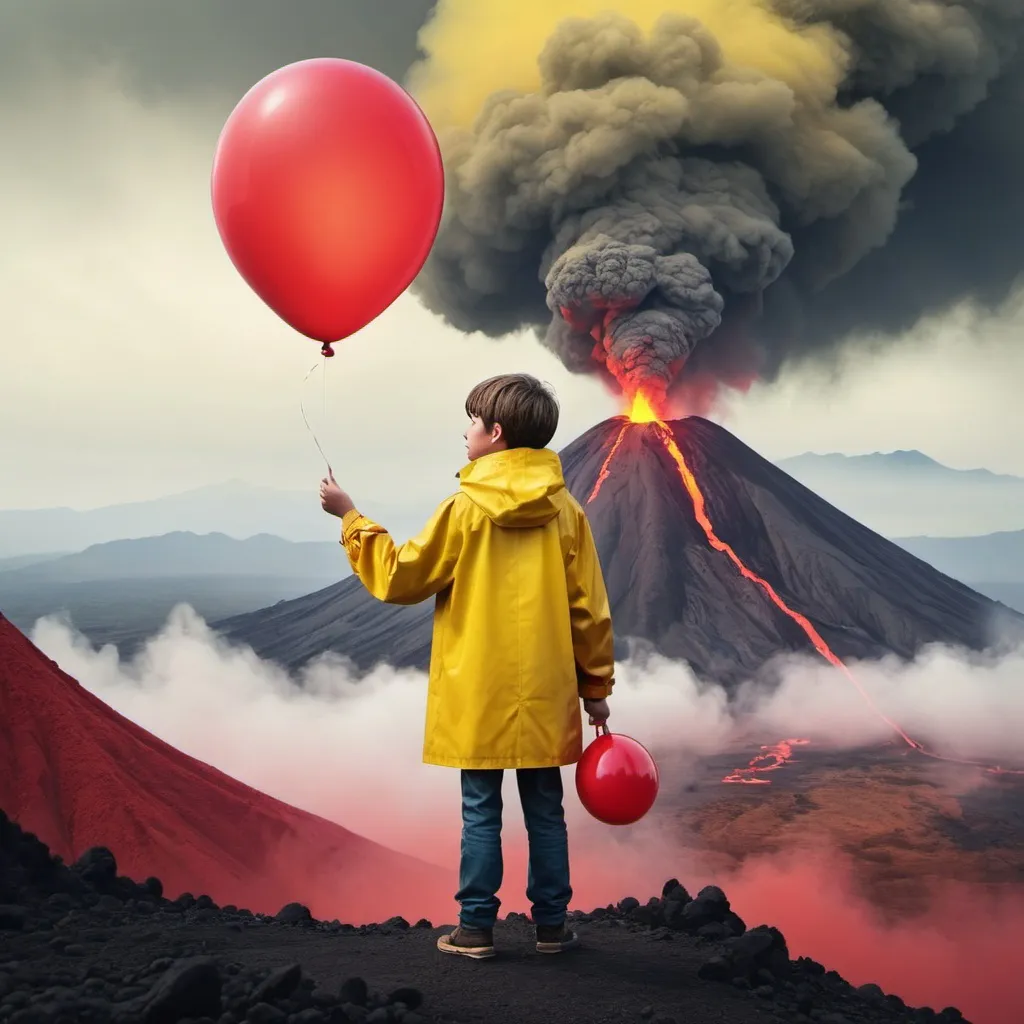 Prompt: a boy wearing a yellow rain coat holding a red ballon, standing in front of a smokey volcano, digital art