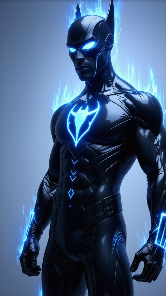 Prompt: A dark superhero speedster with black suit and neon blue trim.