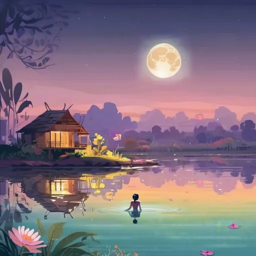 Prompt: scenery of Khmer girl swimming in a lake view from distant show mountain, small cottage, and flower field and the full moon