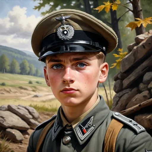 Prompt: Young German WWII soldier in a realistic oil painting, determined expression, classic military uniform, rugged terrain, historical accuracy, high resolution, realistic, oil painting, WWII soldier, determined expression, classic military uniform, rugged terrain, historical accuracy, realistic colors, natural lighting