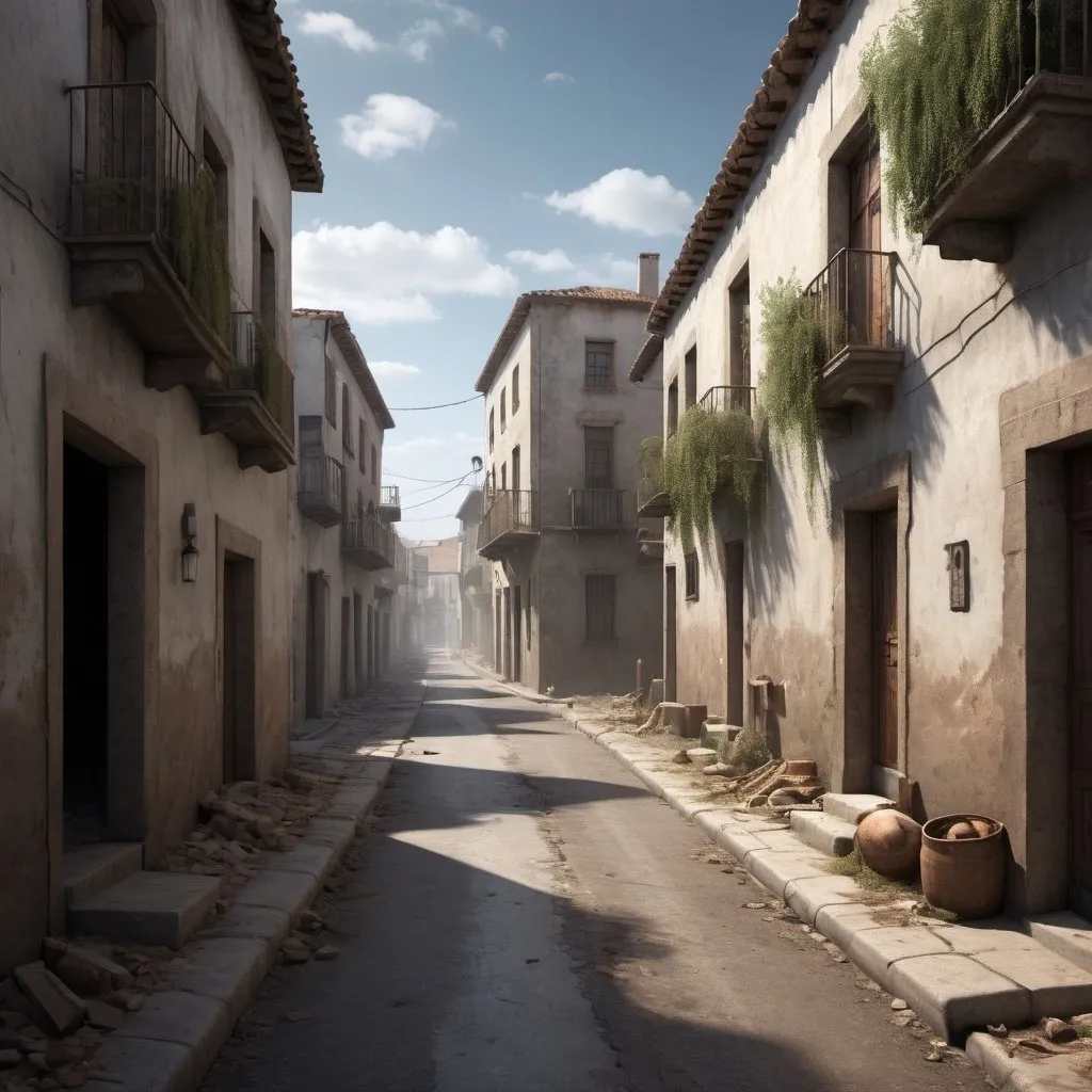 Prompt: Ilustración de un pueblo fantasma estilo medio oeste finales de 1800, a mediodía, cielo nublado, hiperrealista, octane render, (((las calles llenas de lodo y fango mezclado con hierba en ciertas partes de la calle))) , con carretas abandonadas a los lados de la calle principal. 