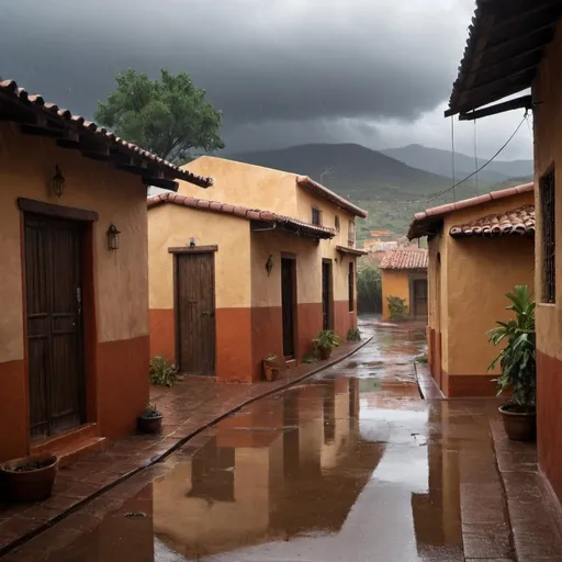 Prompt: Un pueblo mágico bajo la lluvia. Donde habitan seres especiales, casas que transmiten misticismo y un ambiente acogedor al mismo tiempo con calles empedradas y húmedas bajo la lluvia. 