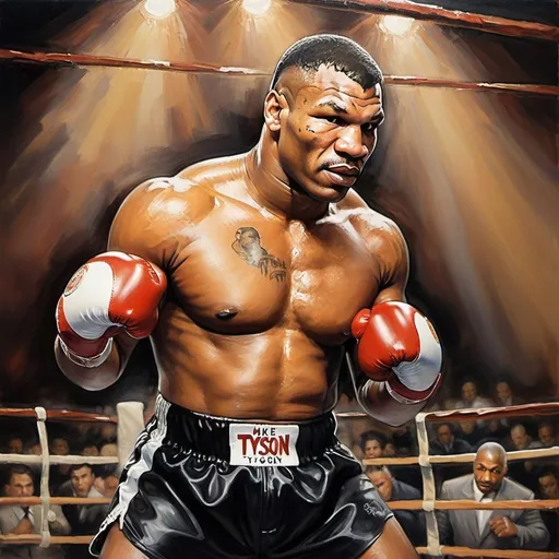 Prompt: Mike Tyson boxing night, oil painting, intense focus, dynamic movement, dramatic lighting, high quality, realistic, warm tones, athletic physique, determined expression, vintage boxing arena, atmospheric, powerful punch, professional, detailed features