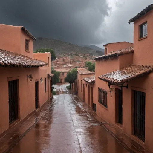 Prompt: Un pueblo mágico bajo la lluvia. 