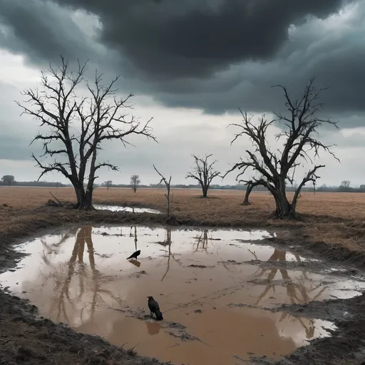 Prompt: Gloomy landscape of dry trees in a field full of puddles and a lot of mud, cloudy sky and crows standing on the dry branches