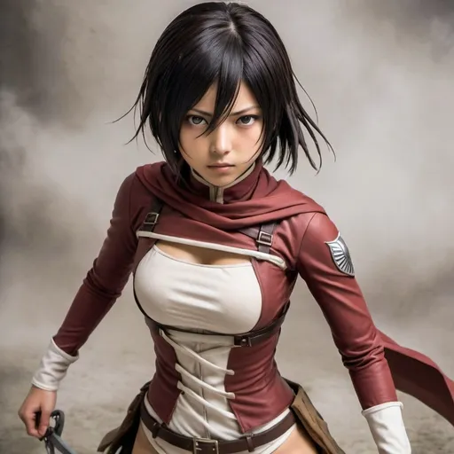 Prompt: Fotografía hiperrealista de cuerpo entero  de Mikasa protagonista de Attack of Titans, con su traje de combate. 