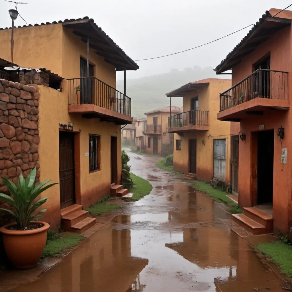 Prompt: Un pueblo mágico bajo la lluvia. Donde habitan seres especiales, casas que transmiten misticismo y un ambiente acogedor al mismo tiempo con calles empedradas y húmedas bajo la lluvia. 