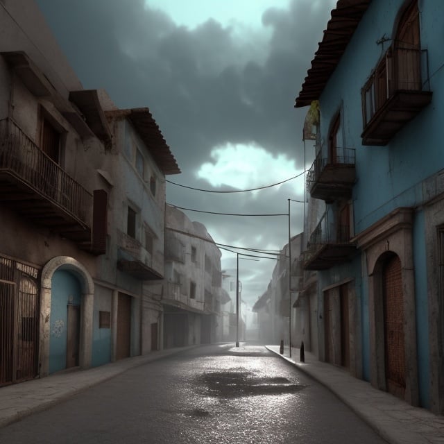 Prompt: Ilustración de un pueblo fantasma estilo medio oeste finales de 1800, a mediodía, cielo nublado, hiperrealista, octane render, las calles llenas de lodo y fango mezclado con hierba en ciertas partes de la calle, con carretas abandonadas a los lados de la calle principal. 