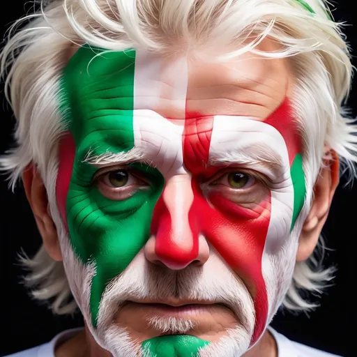 Prompt: Close-up photograph of the face of a 60-year-old man with white hair and the flag of Mexico painted on his face in a very artistic way