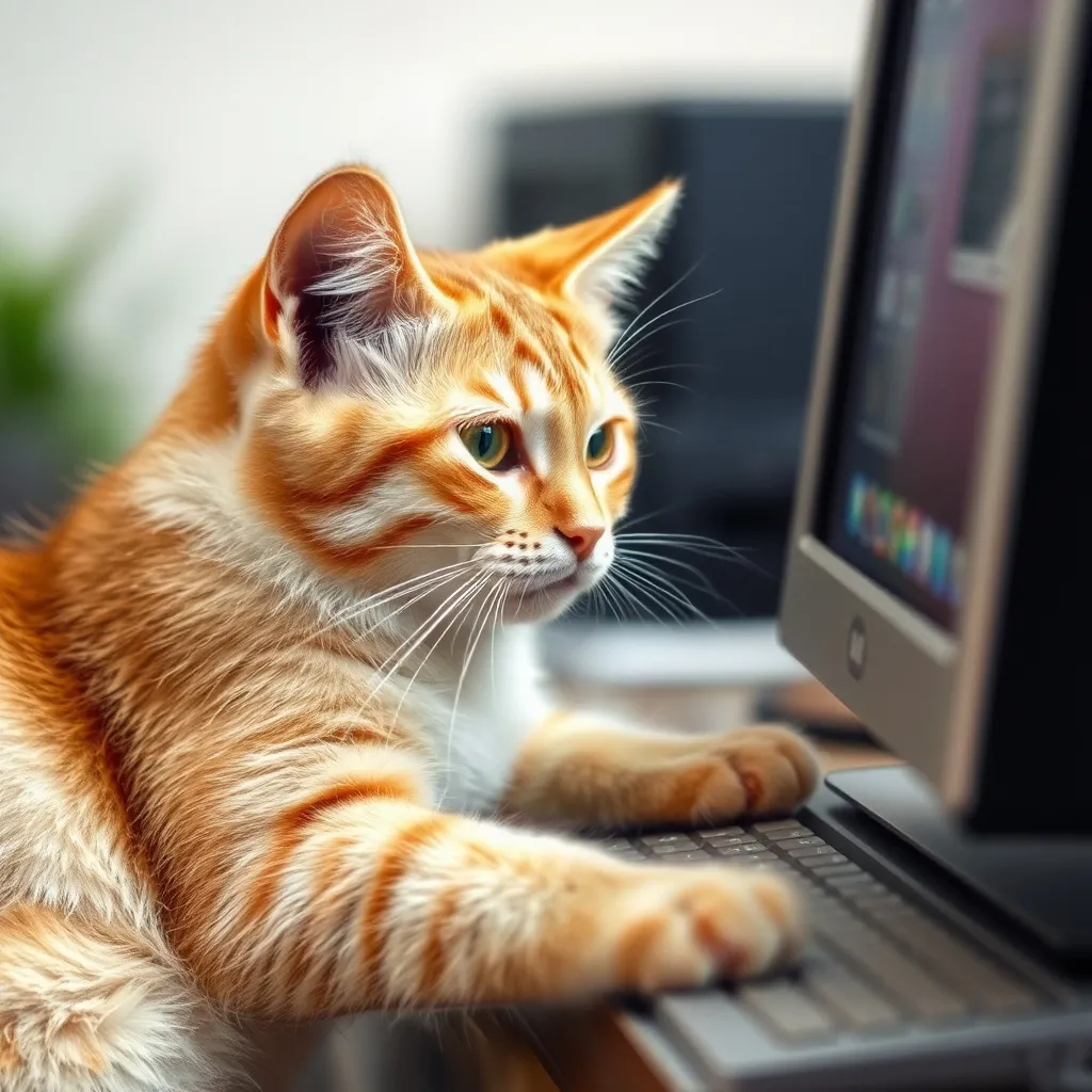 Prompt: Cunning cat playing computer