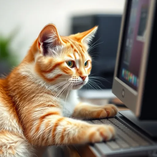 Prompt: Cunning cat playing computer