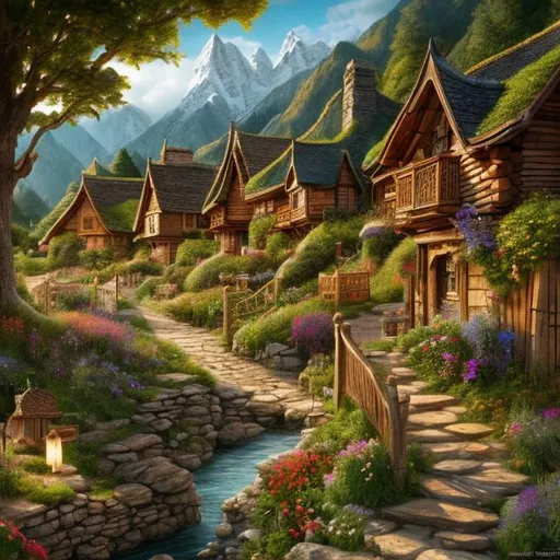 Prompt: a fantasy town in middle earth, fantasy village, wooden houses, rocks, beautiful terrain, deep forest, high quality, trending on artstation, highly detailed,
immaculate highly detailed render by Ted Nasmith, Marc Simonetti, and Andreas Rocha, trending on artstation, global illumination, high dynamic range, hdr, rich, textured, large depth of field, 8k, concept art, 