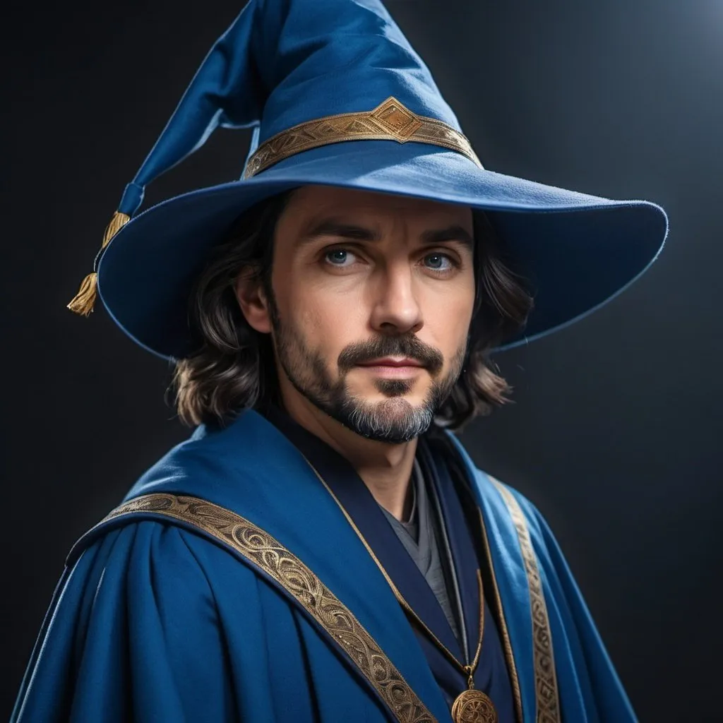 Prompt: a kind middle-aged wizard with a short beard, dark hair, pointy blue hat, dark blue robes