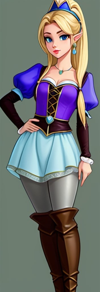 Prompt: a detailed and intricate cartoon image of a beautiful princess from a fantasy story, long blonde hair with a hairband, disappointed look on face, elf ears, aloof, dark purple shirt with poofy shoulders, Juliet sleeves, light blue vest over shirt, light blue pants, brown thigh high boots or pants, jewelry, castle interior background