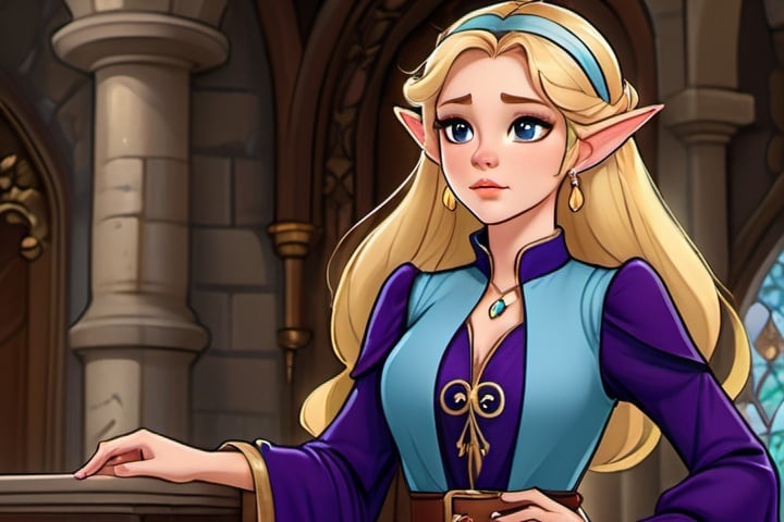 Prompt: a detailed and intricate cartoon image of a beautiful princess from a fantasy story, long blonde hair with a hairband, disappointed look on face, elf ears, aloof, dark purple shirt with poofy shoulders, Juliet sleeves, light blue vest over shirt, jewelry, castle interior background