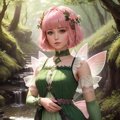 Prompt: a pink haired fairy with a short bob cut with bangs, green dress, fairy, pretty, fantasy, magical, mythical, Celtic faeries, highly detailed face, beautiful face