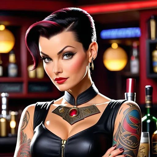 Prompt: jadzia dax as a bartender with many tattoos