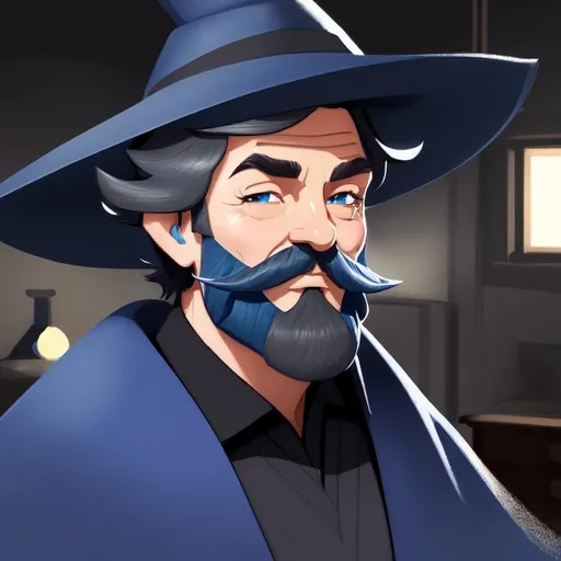 Prompt: cartoon drawing of a smug middle aged wizard with a short beard, dark hair going grey, pointy blue hat, dark blue robes, bedroom eyes