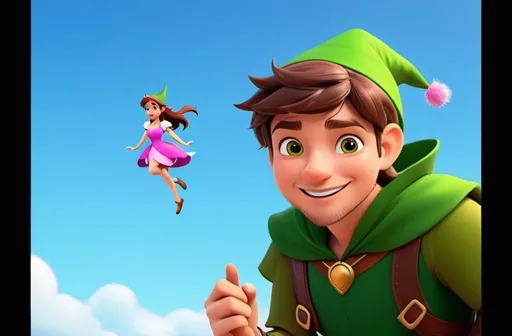 Prompt: a guy who looks like peter pan or robin hood with a green cap is shrugging while a female fairy floats nearby, smiling cartoon man with dark brown hair and a green cap with a tiny beautiful woman nearby, green hat, the fairy has a little pink dress on, blue sky and some fantasy terrain in the background, cartoon, bright colors, simple animation style, robin hood style clothes, cartoony art style, saturday morning cartoon