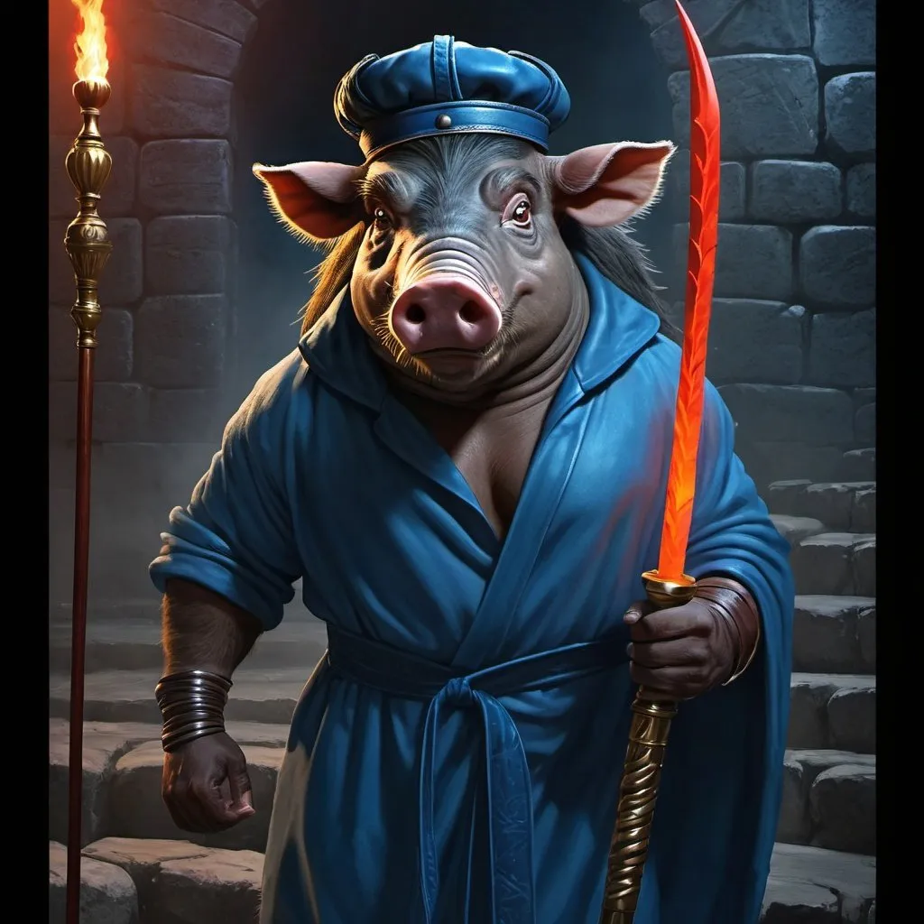 Prompt: angry warthog, an evil anthropomorphic pig wizard holding a magic scepter, the man has the face of a warthog instead of a human face, large tusks, warthog's tusks, red glowing eyes, dull dark blue colored robe, short blue leather cap with spikes, fists clenched, holding a scepter, background is a labyrinth of stone walls, dungeon background,  