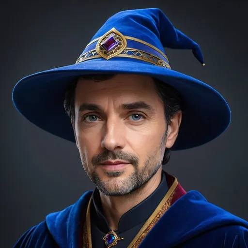 Prompt: a kind middle-aged wizard with a short beard, dark hair, pointy blue hat, dark blue robes