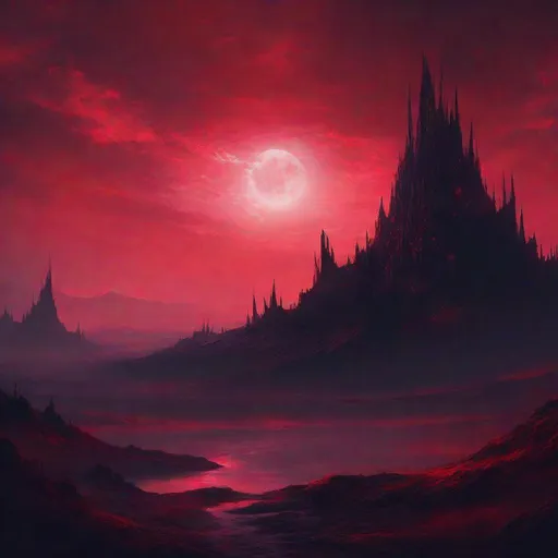 Prompt: night with red sky, a fantasy world that was conquered by the blood ghoul, fantasy terrain, the setting of the dark crystal, dark fantasy