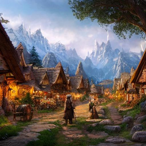 Prompt: a fantasy town in middle earth, Fantasy village, wooden houses, rocks, beautiful terrain, high quality, trending on artstation, highly detailed,
immaculate highly detailed render by Ted Nasmith, Marc Simonetti, and Andreas Rocha, trending on artstation HD, trending on cgsociety, global illumination, high dynamic range, hdr, rich, textured, large depth of field, no blur, 8k, concept art, 