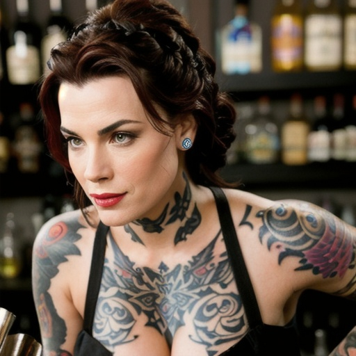 Prompt: jadzia dax as a bartender with many tattoos