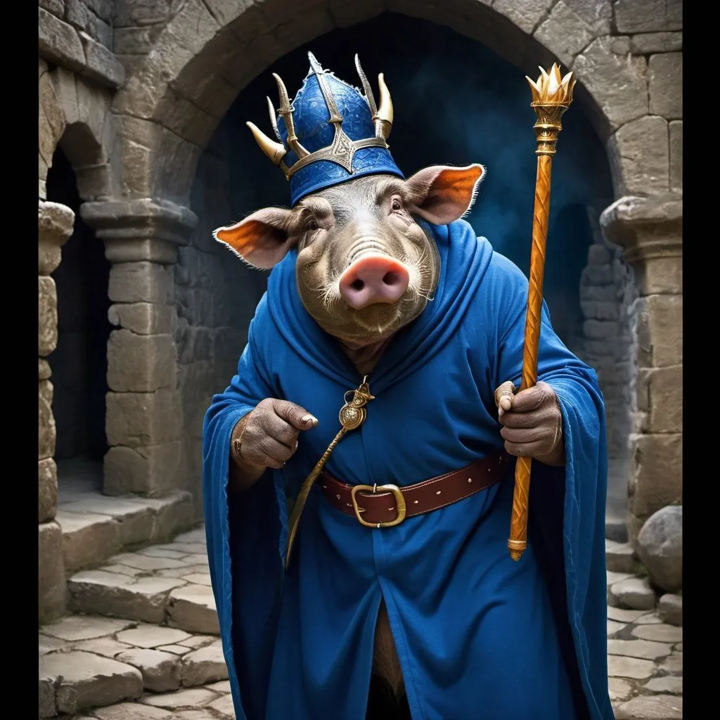 Prompt: angry warthog, an evil anthropomorphic pig wizard holding a magic scepter, the man has the face of a warthog instead of a human face, dark blue robe, blue leather cap with spikes, fists clenched, holding a scepter, background is a labyrinth of stone walls, dungeon background,  