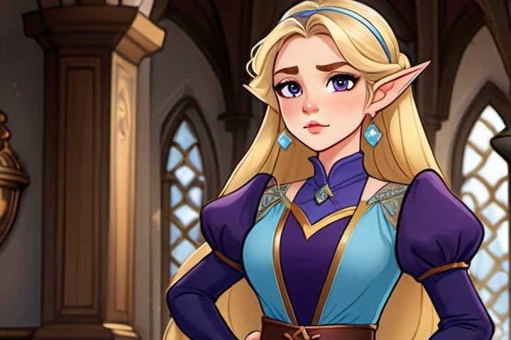 Prompt: a detailed and intricate cartoon image of a beautiful princess from a fantasy story, long blonde hair with a hairband, disappointed look on face, elf ears, aloof, dark purple shirt with poofy shoulders, Juliet sleeves, light blue vest over shirt, jewelry, castle interior background