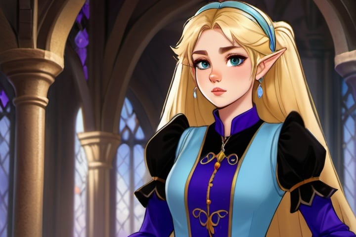 Prompt: a detailed and intricate image of a beautiful princess from a fantasy story, long blonde hair with a hairband, disappointed look on face, elf ears, aloof, dark purple shirt with poofy shoulders, Juliet sleeves, light blue vest over shirt, jewelry, castle interior background