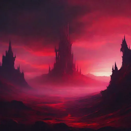 Prompt: night with red sky, a fantasy world that was conquered by the blood ghoul, fantasy terrain, the setting of the dark crystal, dark fantasy